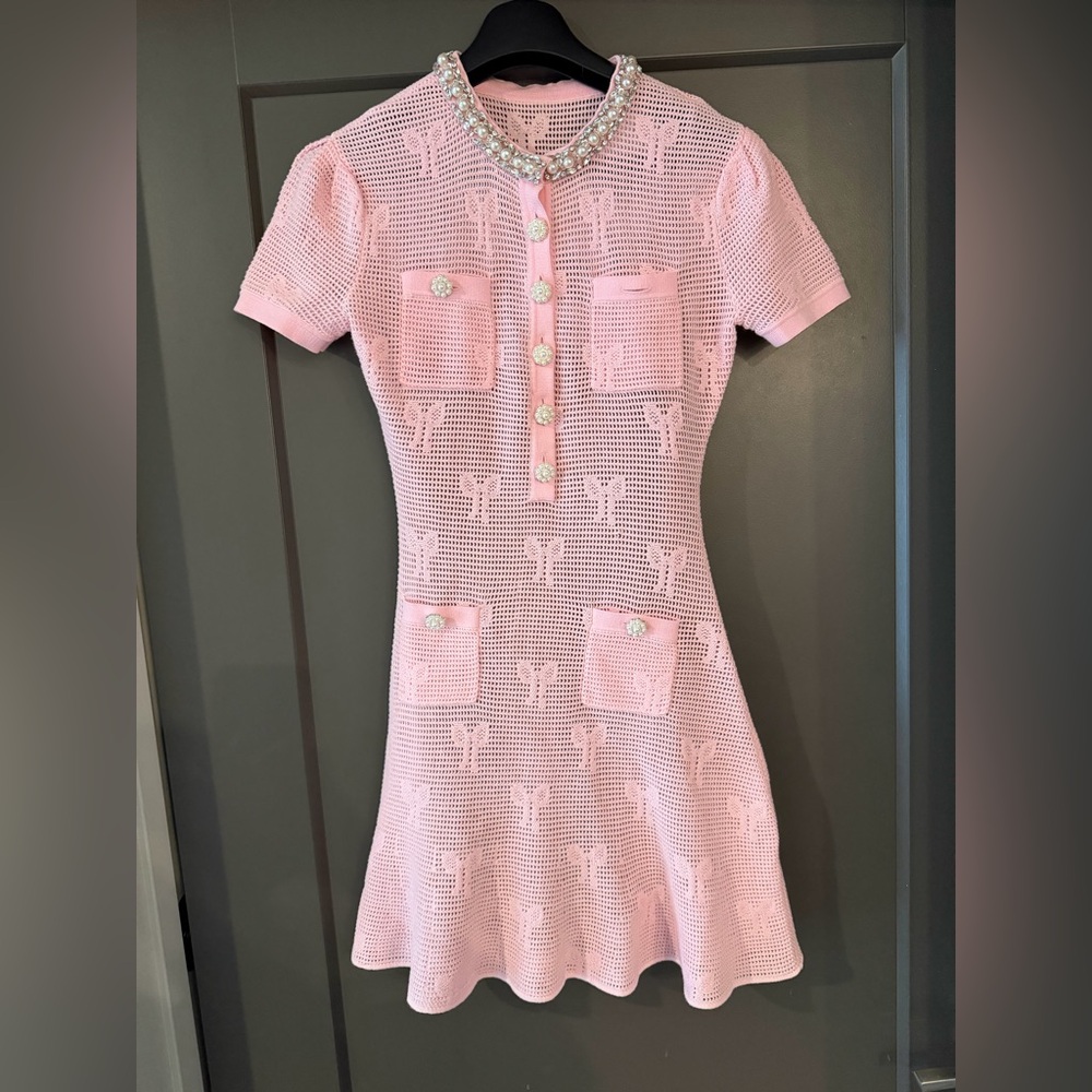Self-Portrait Pink Short-Sleeve Knit Pocket Dress with Pearl Buttons - Picture 3 of 9